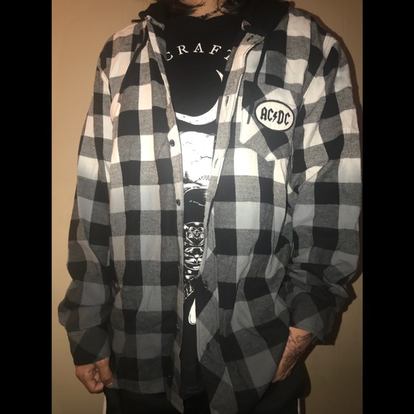 AC &DC Button Up Hooded Flannel Shirt - Picture 1 of 4